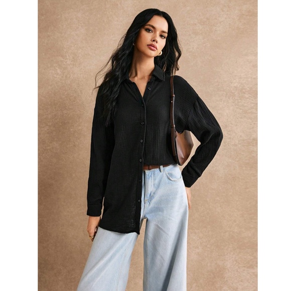 Cotton Black Casual Shirt Button Down Up Long Sleeve - Picture 7 of 12